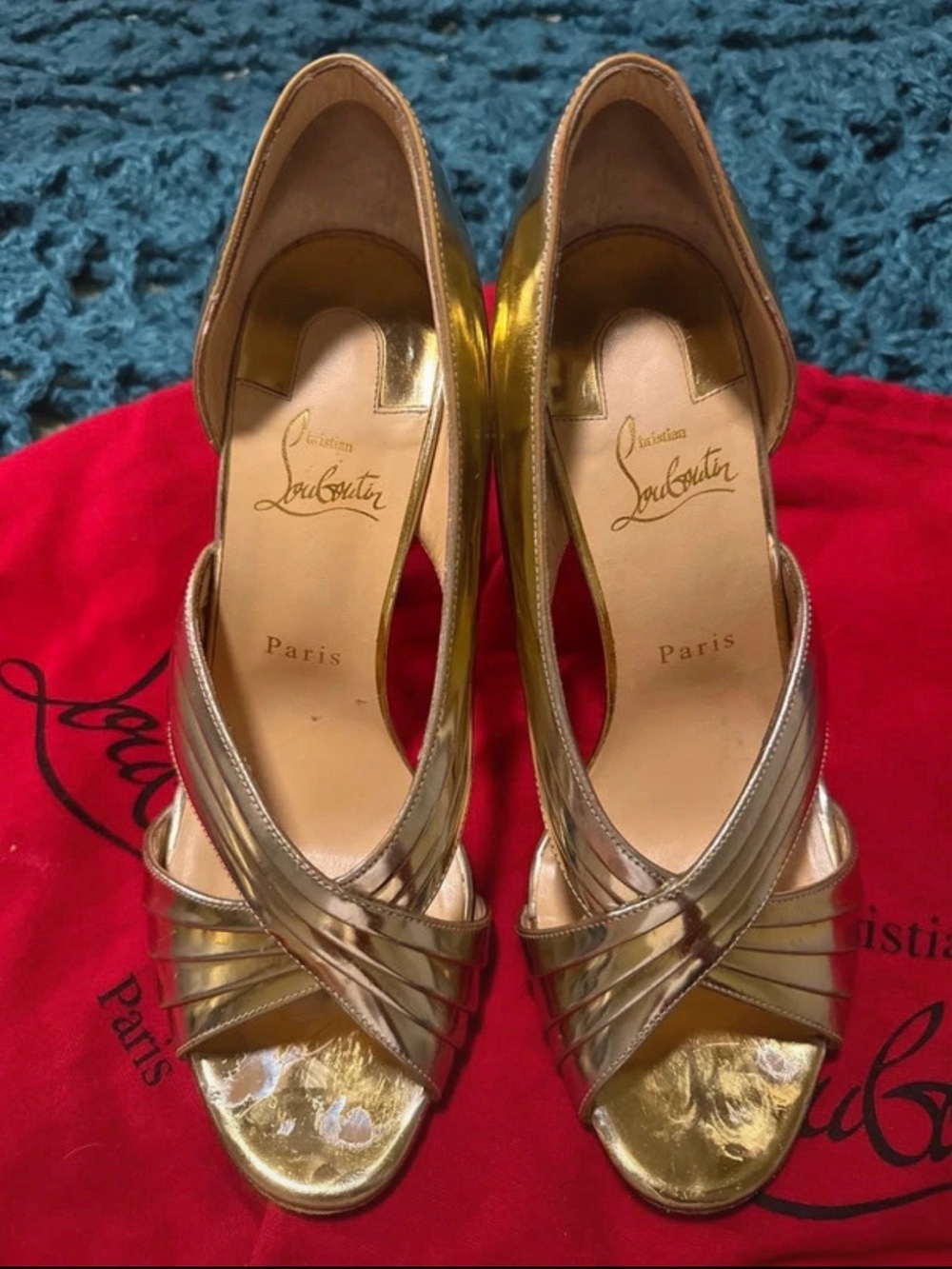 Christian Louboutin Gold Metallic Crisscross Peep-Toe Heels